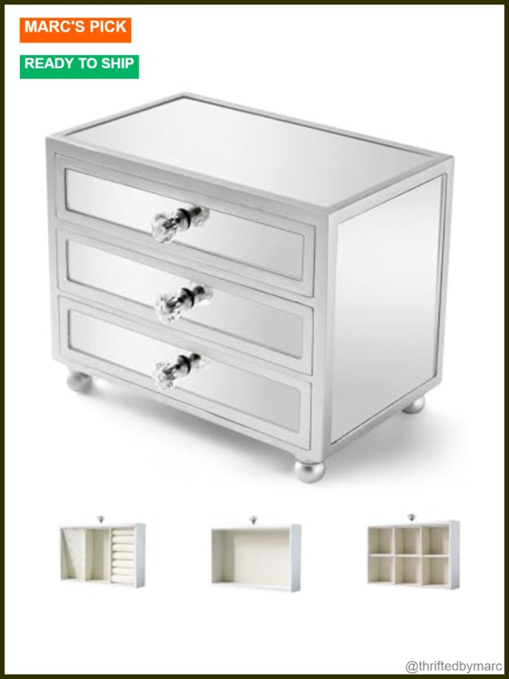 Mirrored Glass Jewelry Box 3 Layer Velvet Interior Crystal Handle Storage
